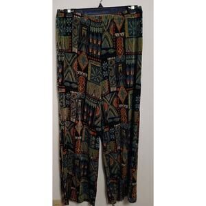 Travelsmith Slinky Knit Pants Med Petite MP Pull On Green Black Block Print